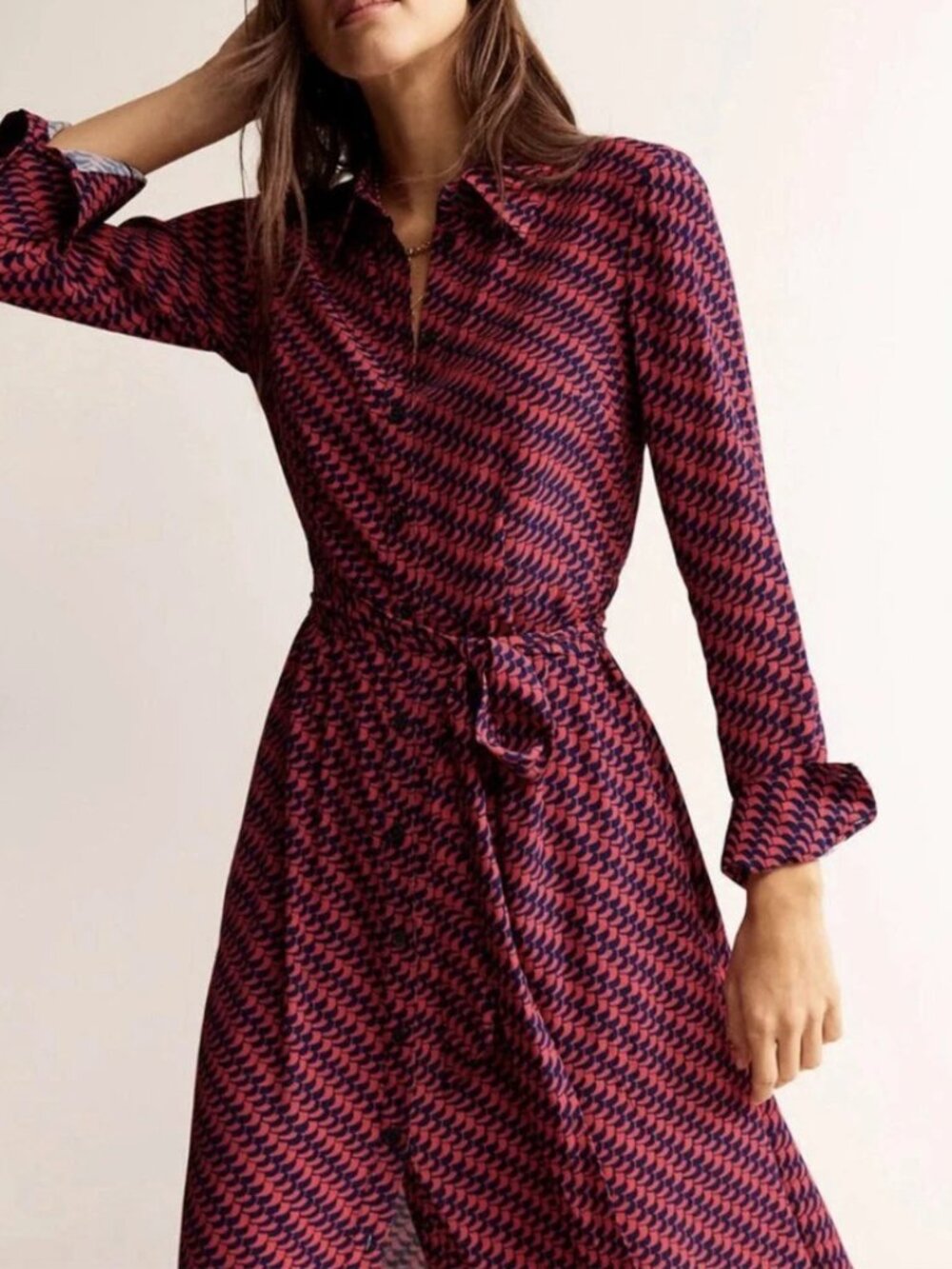 BODEN 10 Red Navy Kate Midi Shirt Dress Belted Pop Peony Geo Pattern